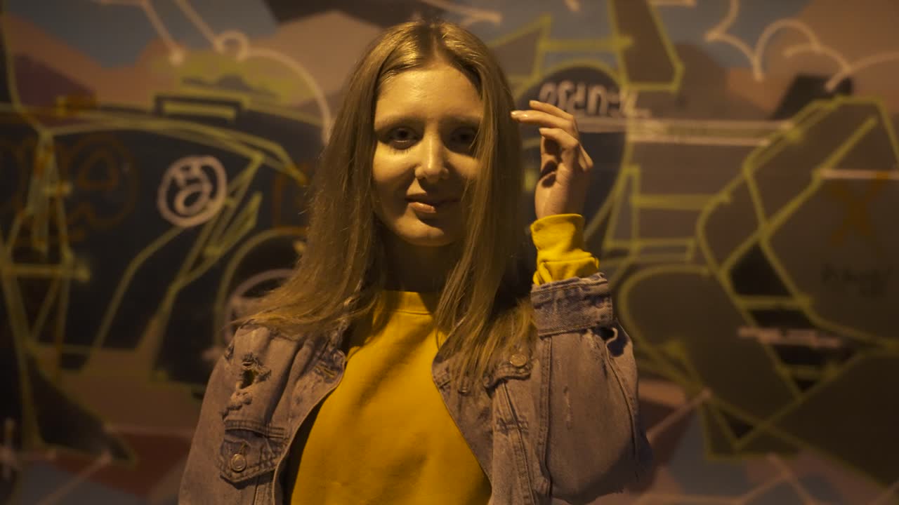 retrato de mujer joven posando para la cámara por la noche frente a la pared de graffiti a cámara lenta