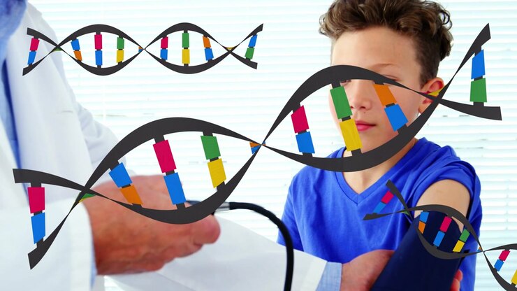 Læge placerer manchet på drengs arm i medicinsk stol, pumper måleren op, måler blodtryk, med DNA-helix overlejret.