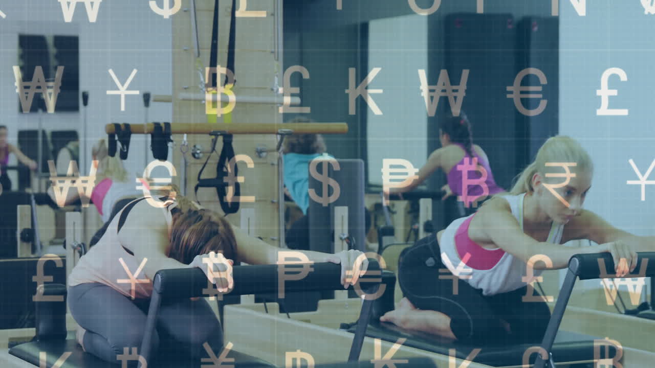 Women exercising on Pilates machines with currency symbols overlay animation