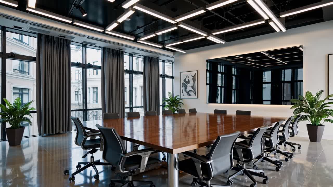 Modern conference room with sleek design, large table, and city view