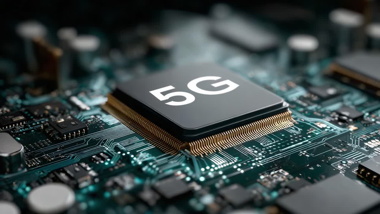 Primo piano dettagliato di un microprocessore 5G su un circuito stampato che mette in evidenza la tecnologia avanzata e la connettività per le reti future