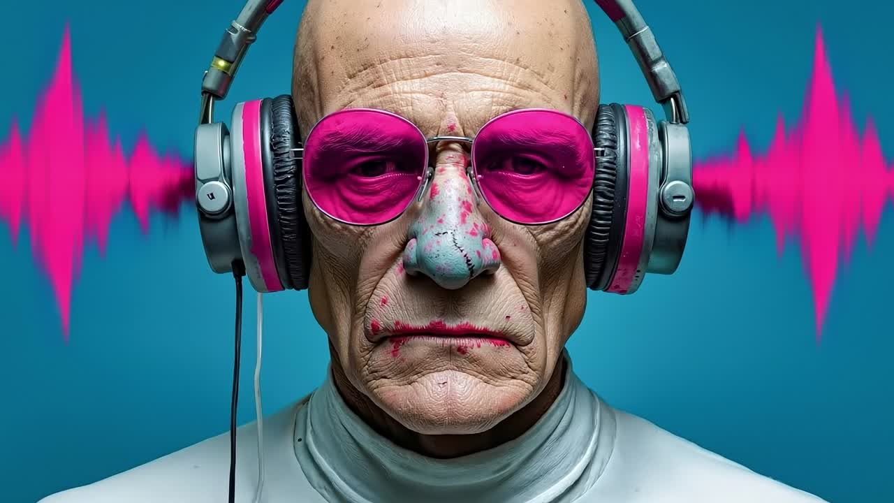 A bald man wearing pink sunglasses and headphones