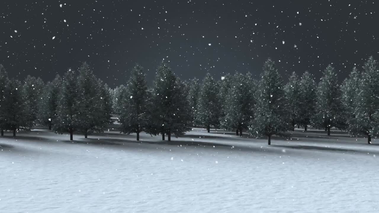 Animation of snow falling over fir trees and winter scenery