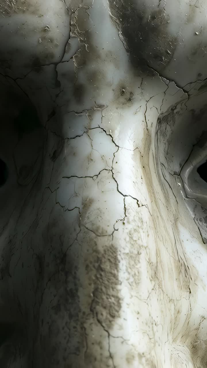 Vertical video: Sliding camera showing skull nasal ridge and eye sockets on shelf to inspect cracks