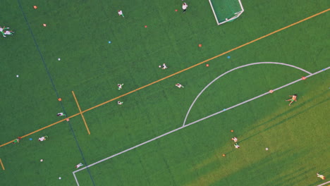 drone grass soccer field with diverse people sunny evening. modern town stadium