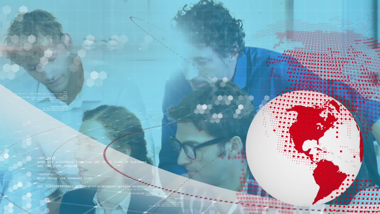 girar el globo y procesar datos contra un equipo de colegas de oficina que trabajan juntos en la oficina