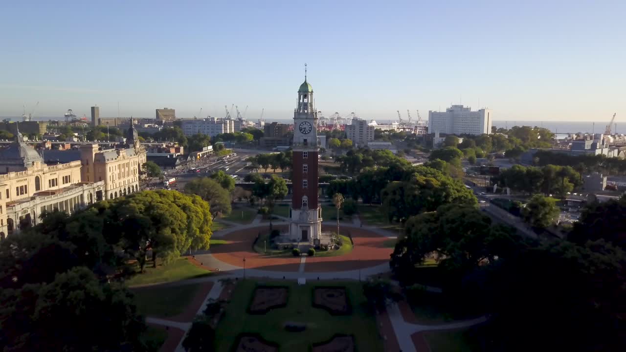 Aerial view of Torre Monumental in Retiro neighborhood near Rio de la Plata. DOLLY IN