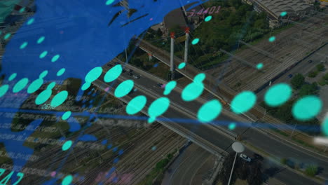 animación del procesamiento de datos y mapa del mundo sobre el paisaje urbano