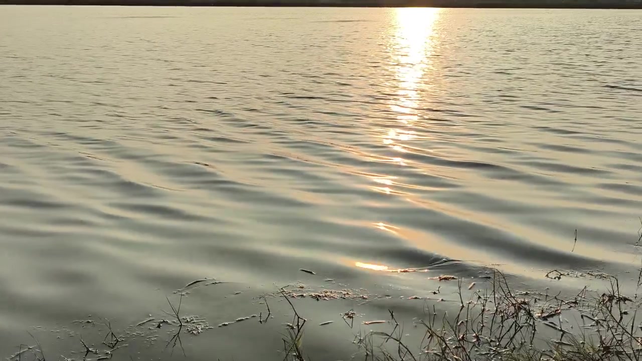 Reflejo de un atardecer dorado en las aguas tranquilas de un lago