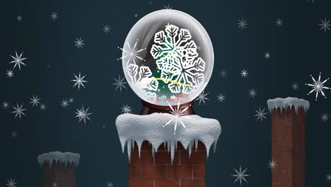 Animation-of-snow-globe-at-christmas-over-chimneys