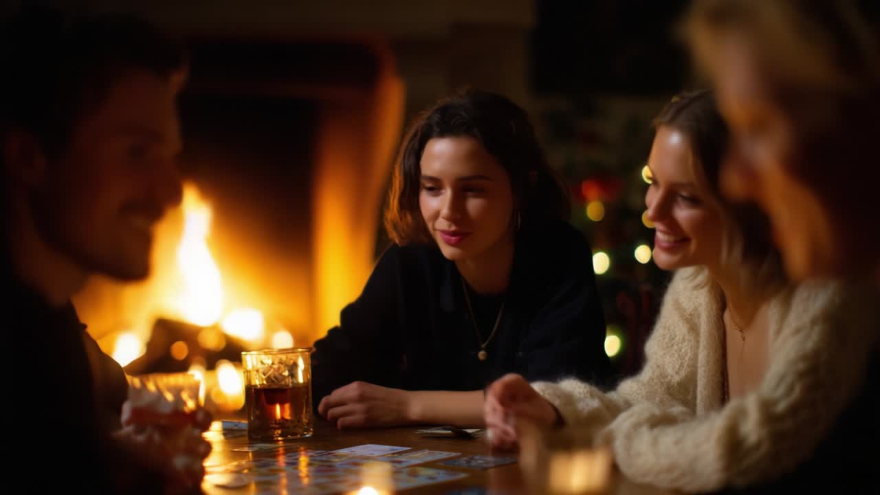 An Intimate Gathering Around the Fireplace: Friends Enjoying Drinks and Games with Laughter and Warmth, Creating Cherished Memories on a Cozy Evening