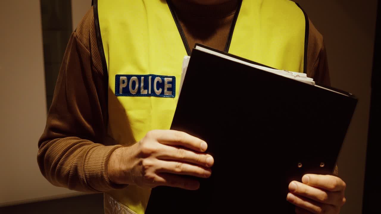 Close-up of a police officer wearing a safety vest while holding a black folder. Concept of investigation, evidence handling, law enforcement documentation, and criminal case management