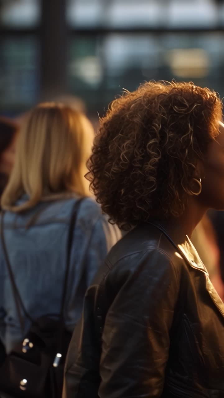 Ritratto spontaneo di una donna in giacca di pelle tra una folla urbana elegante al tramonto, che cattura l'essenza della vita moderna di città e la riflessione individuale.