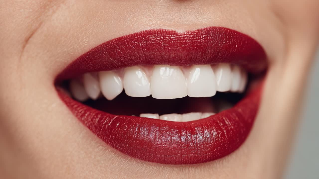 Close-Up of Beautiful Red Lips Showcasing Perfectly White Teeth, Highlighting a Radiant Smile and Sensual Elegance, Capturing the Essence of Beauty and Confidence