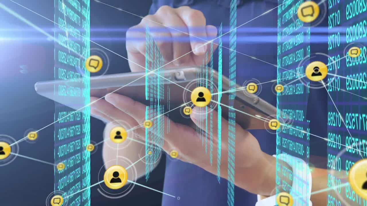 animación de la red de conexiones y procesamiento de datos sobre la mujer usando tableta