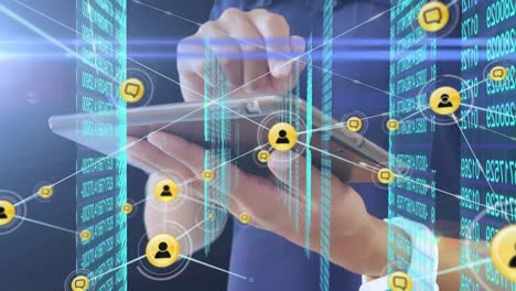 Animation of network of connections and data processing over woman using tablet