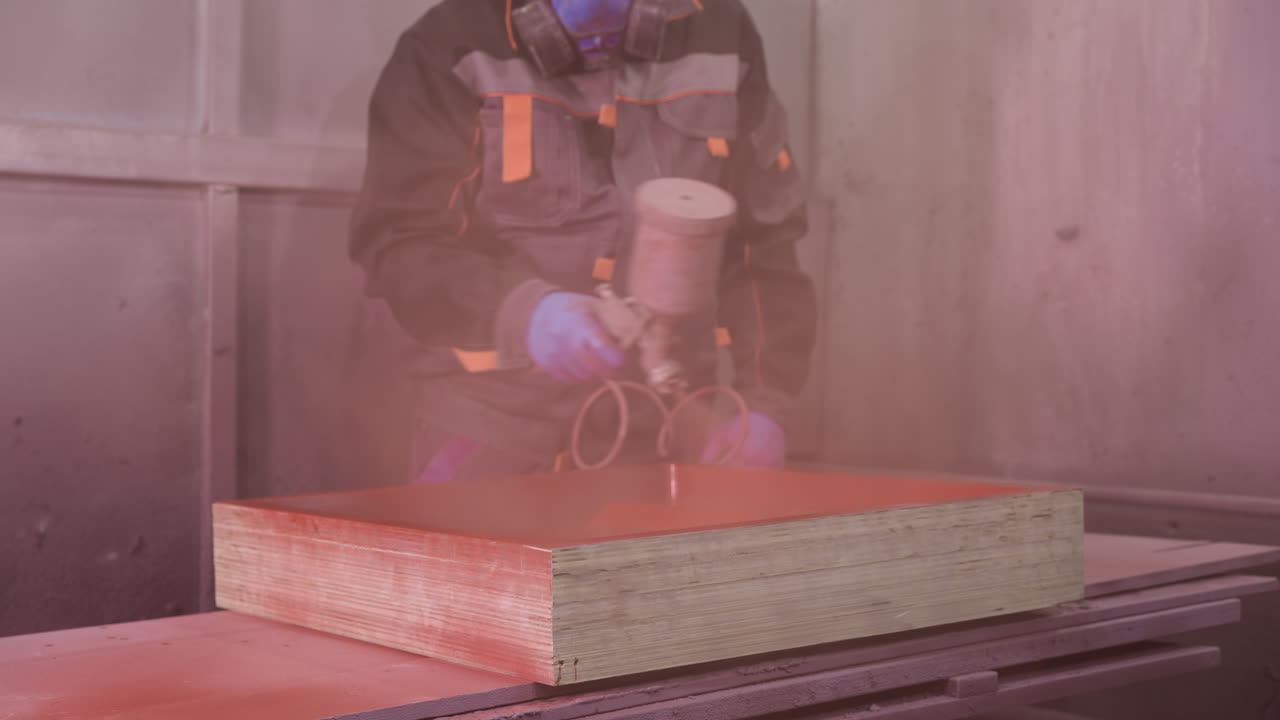 trabajador con equipo de protección pintando con spray una capa roja en tablas de madera en un taller