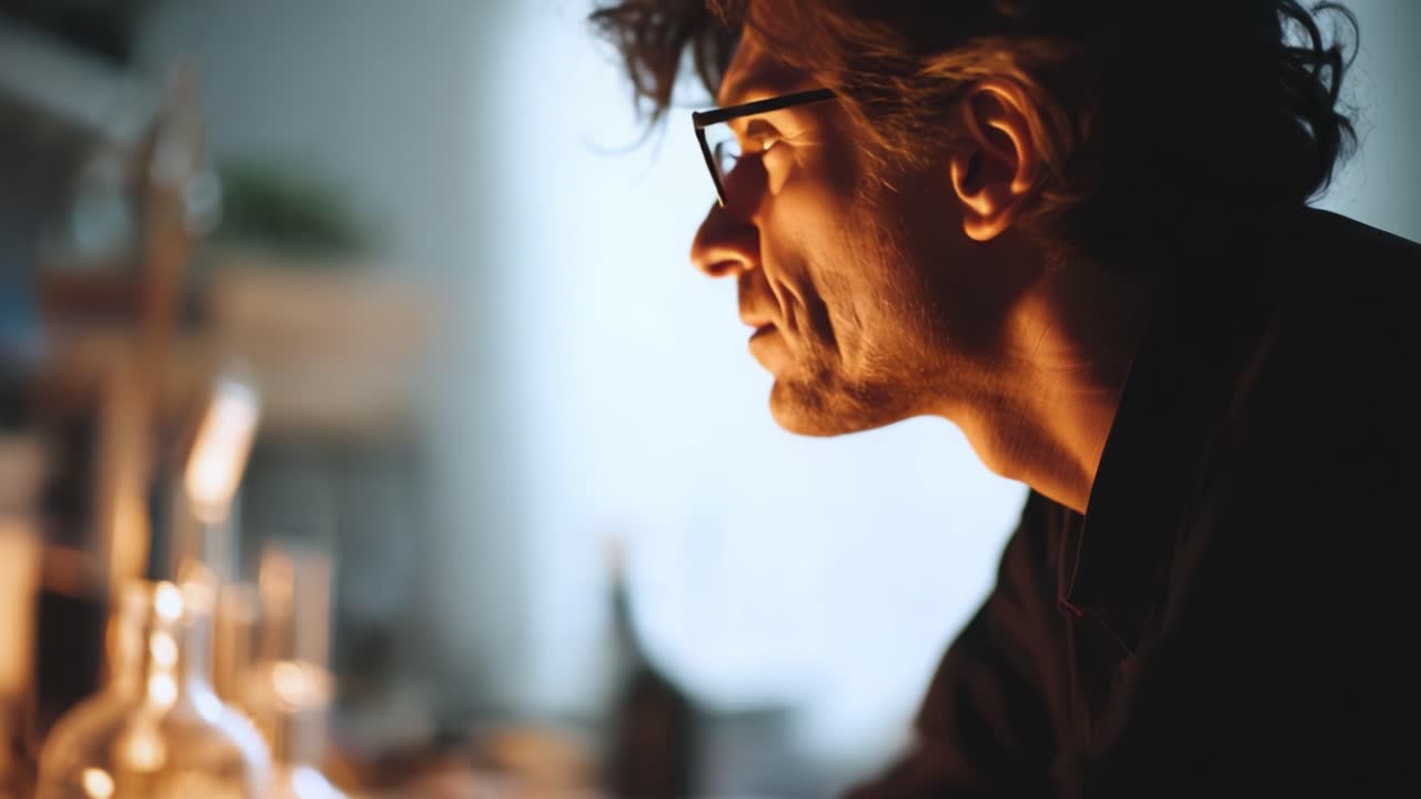 A contemplative moment captured in a lab, showcasing deep thought and inspiration as the figure reflects on their work amidst glowing laboratory equipment