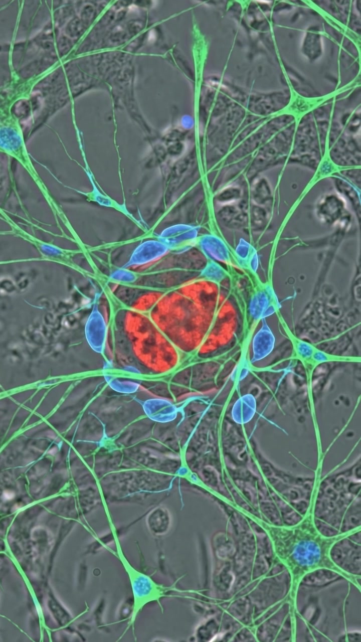 Neuroni fluorescenti che formano connessioni sinaptiche in coltura cellulare