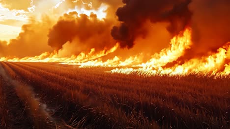 a field of wheat on fire with a cloudy sky in the background