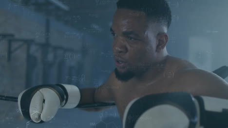 male boxer resting on boxing ring ropes, displaying floating science formulas overlay for health