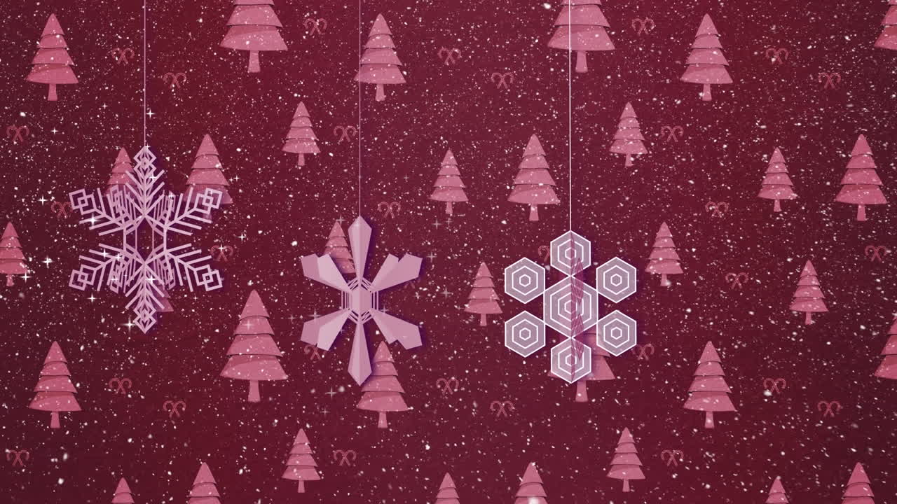 animación de bolas de navidad y nieve cayendo sobre un fondo rojo