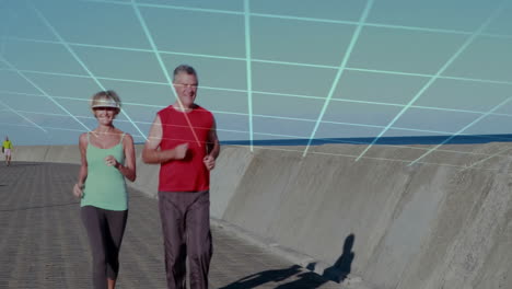 jogging along seaside path, couple exercising with geometric lines animation over sky