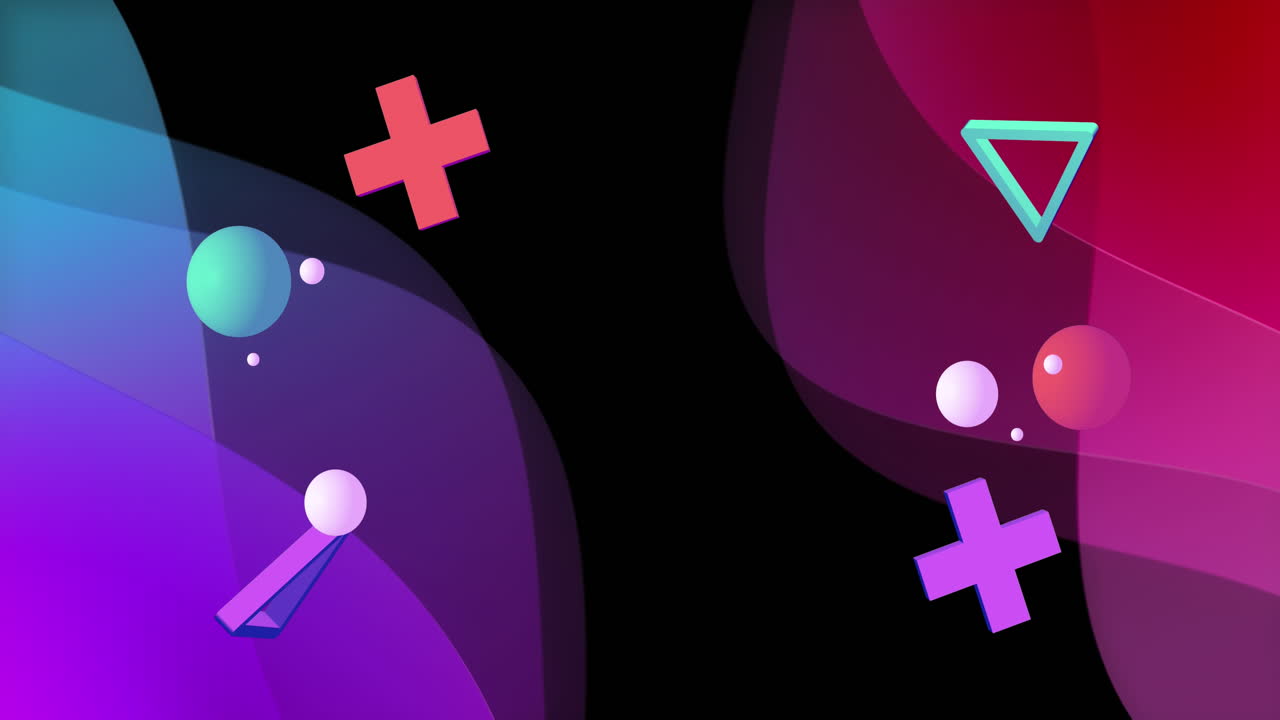 Animation of floating 3d shapes over purple and pink abstract forms on black background