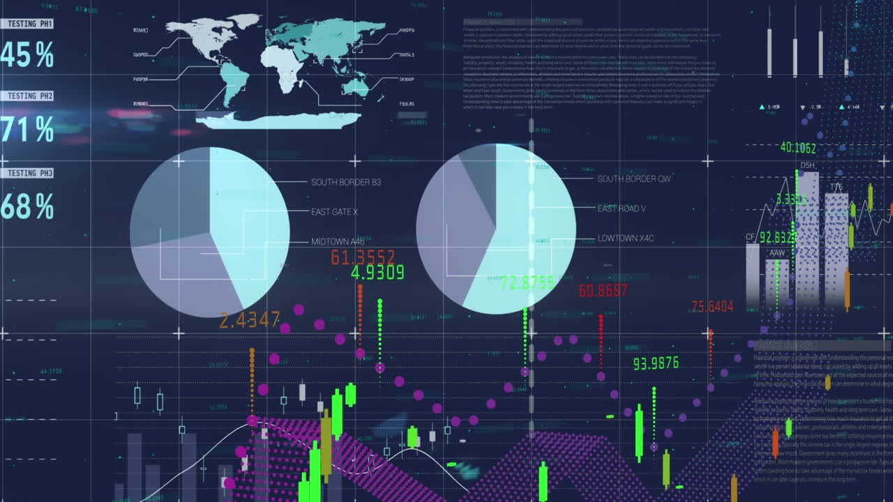 Animation of multicolored graphs with numbers over infographic interface against black background