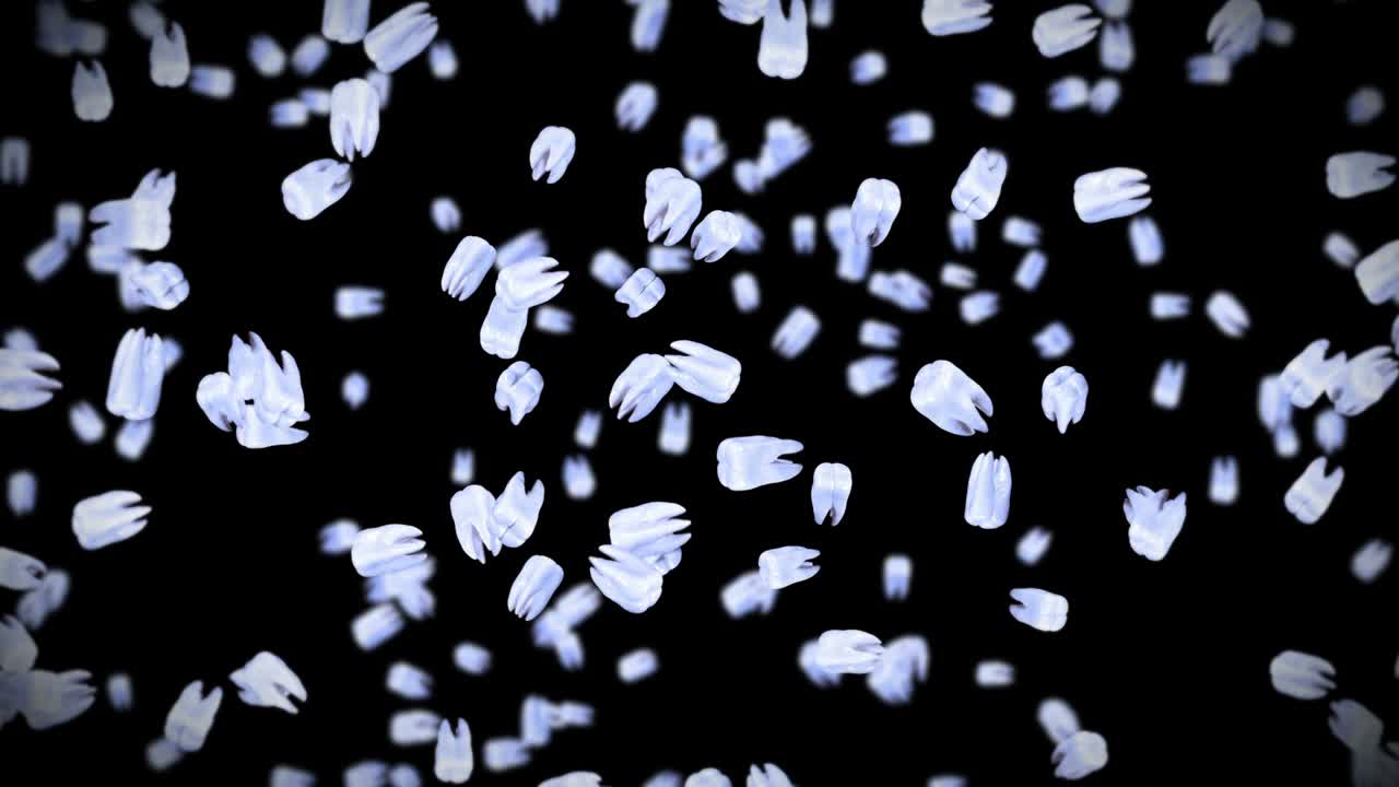 검은색 바탕에 많은  이빨을 날아다니며, 치과 관리 개념, 치아 회전의 3d 애니메이션, 루프 애니메이션.