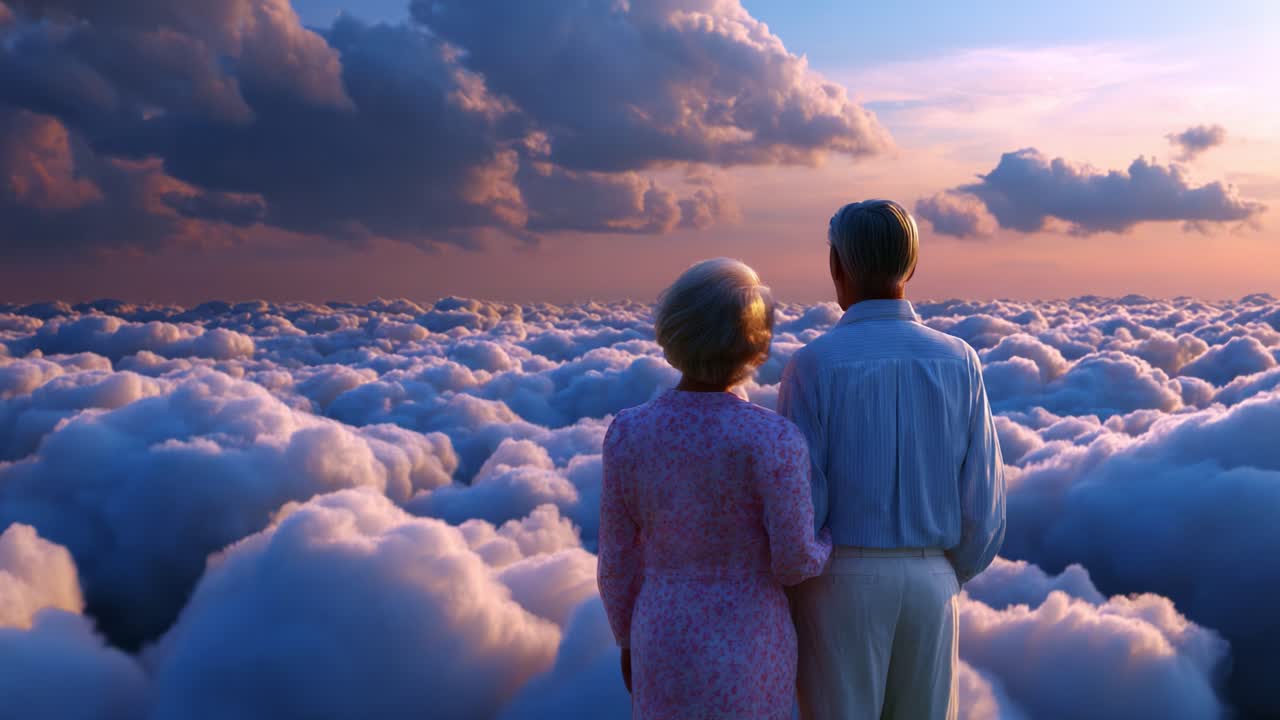 A Serene Moment of Connection Above the Clouds: A Couple Embracing the Beautiful Horizon at Twilight, Surrounded by Soft, Billowing Clouds and a Stunning Color Palette of Blues and Purples