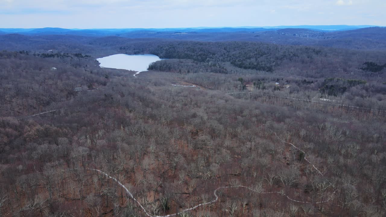 imágenes aéreas de drones de un vasto desierto con dosel de árboles desnudos y un lago en la distancia durante el invierno en las montañas apalaches