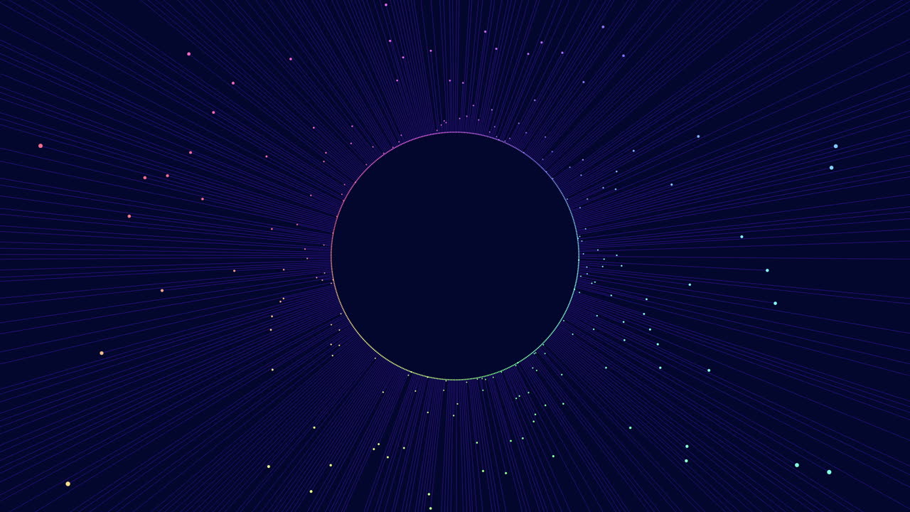 A serene and captivating minimalist image with a black circle surrounded by stars on a blue background, conveying a tranquil sense of depth and movement