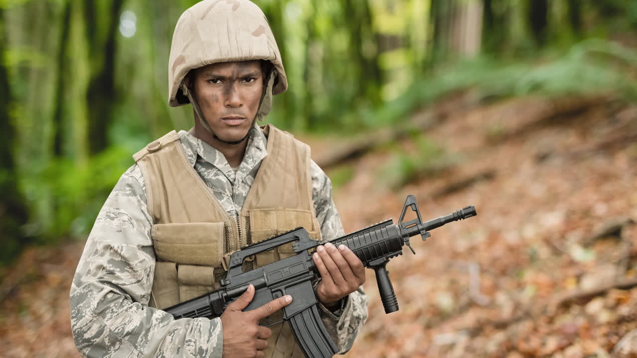 animación de soldado masculino biracial sobre el bosque