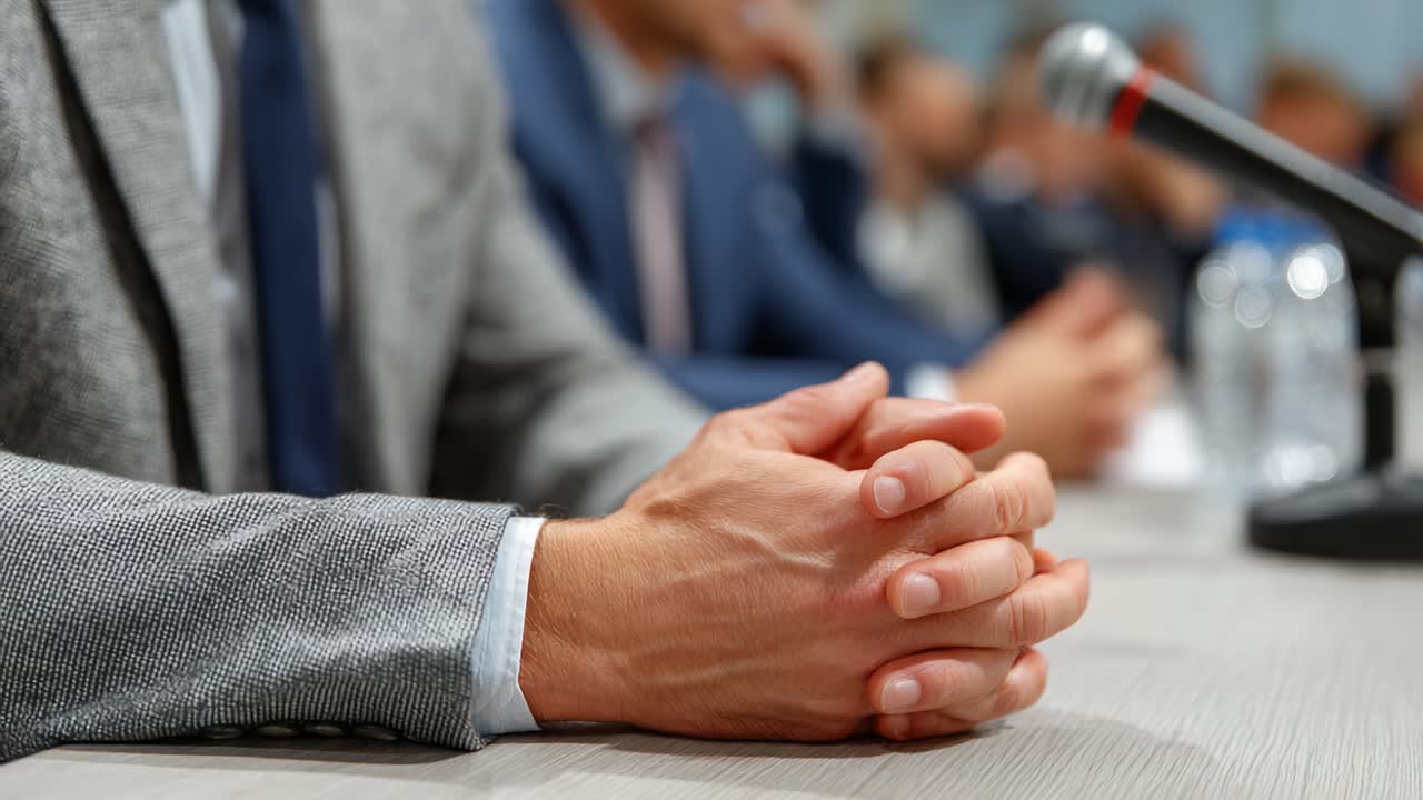 Mani concentrate appoggiate su un tavolo da conferenza durante un'importante discussione, a rappresentare la serietà del momento e il coinvolgimento dei partecipanti