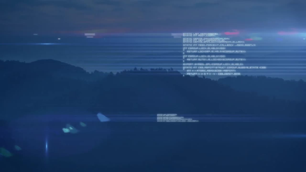 Animation of data processing and light trails against landscape with mountains