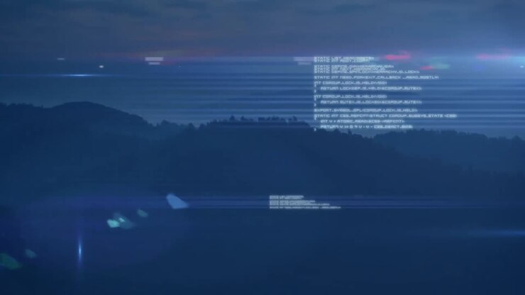 Animation of data processing and light trails against landscape with mountains