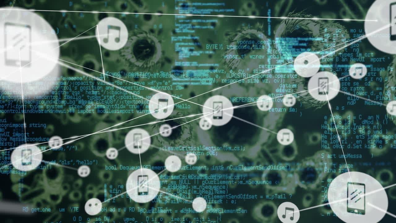 red de iconos digitales y procesamiento de datos contra múltiples células de covid-19 en fondo negro
