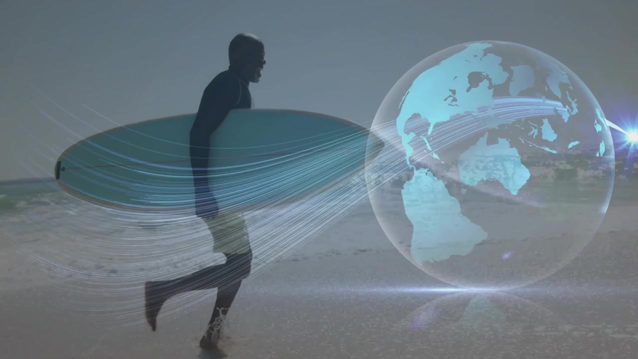 Due surfisti con tavole corrono verso il mare per fare surf, mentre un globo appare sfumando e invia nastri che si intensificano intorno alle tavole.