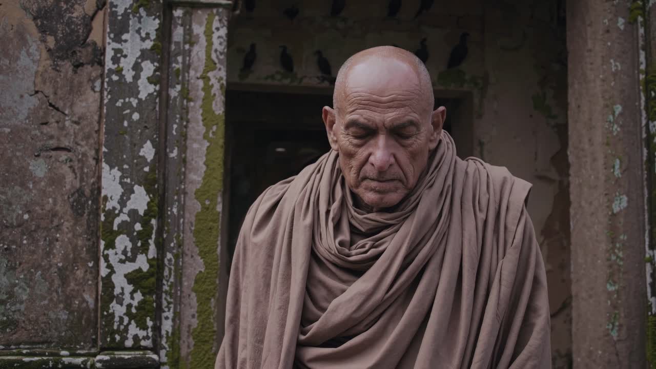 Elderly man in contemplative pose, draped in flowing fabric, stands before ancient stone structure, embodying serenity and introspection in a tranquil moment