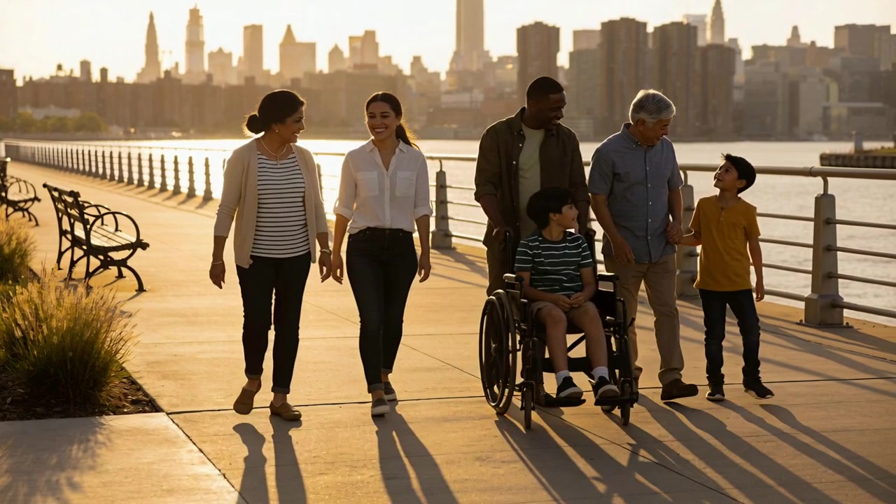 Entering frame, large family walking along river promenade for fun chatting near wheelchair