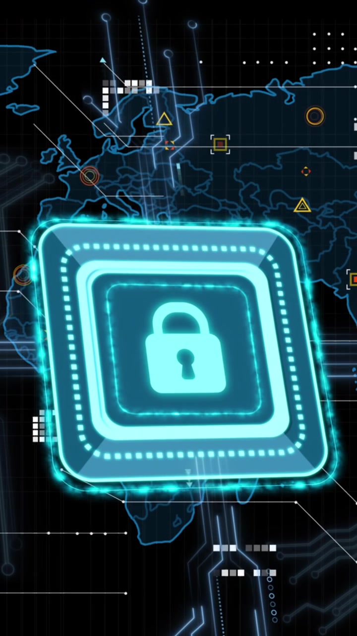 Animation of online security padlock, markers and data processing over world map