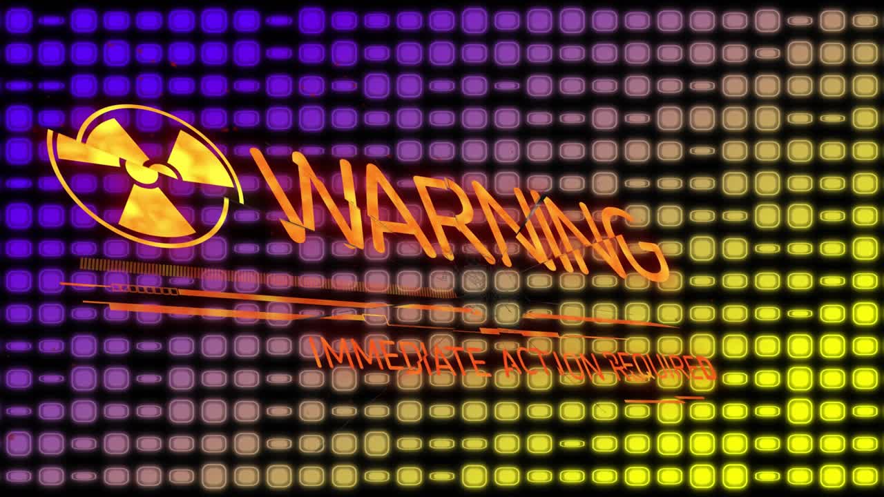 Radiation icon fading starts bars sliding WPX shifting to WARNING subtext pulsing signaling urgency