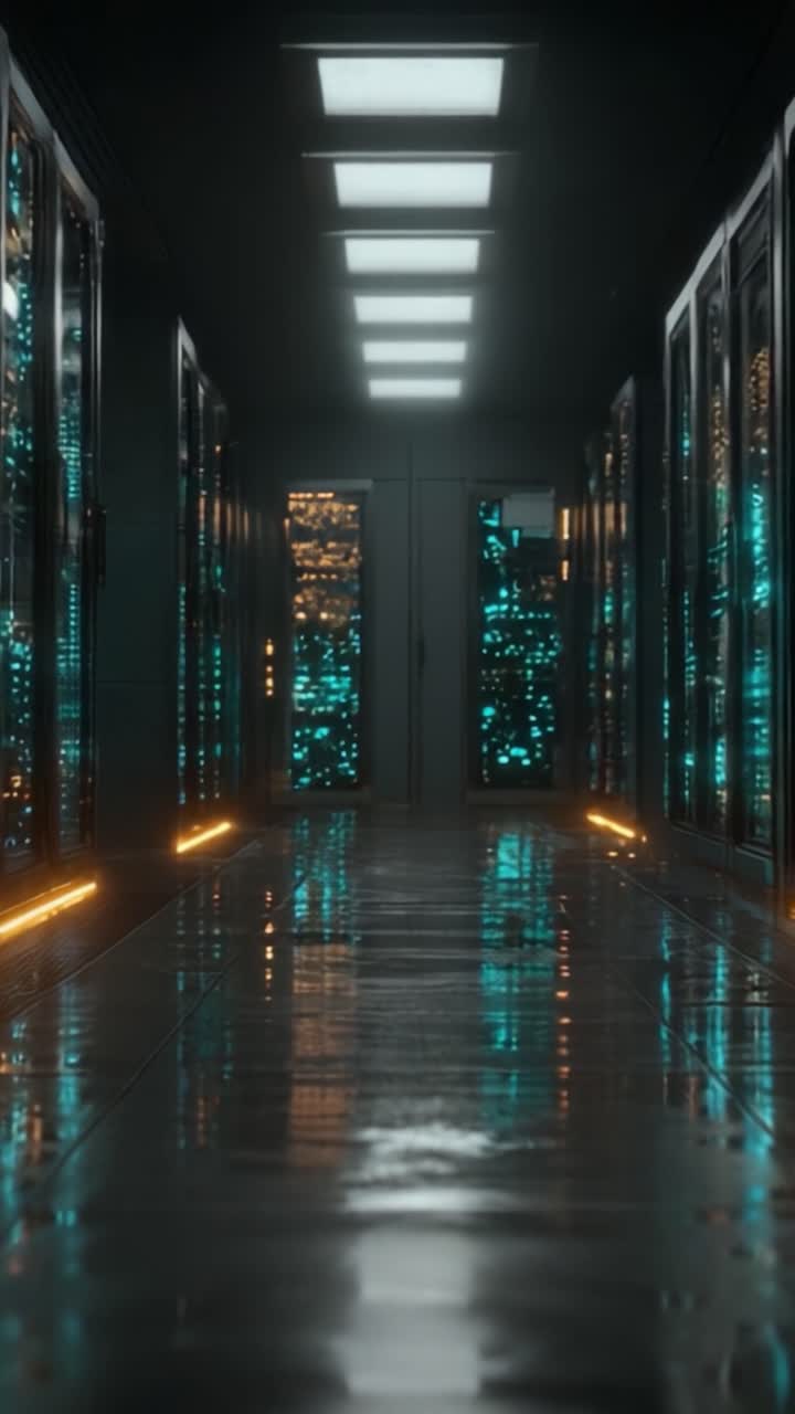 Et indblik i et højteknologisk datacenter: Oplyste serverreoler og refleksioner i et moderne IT-miljø.
