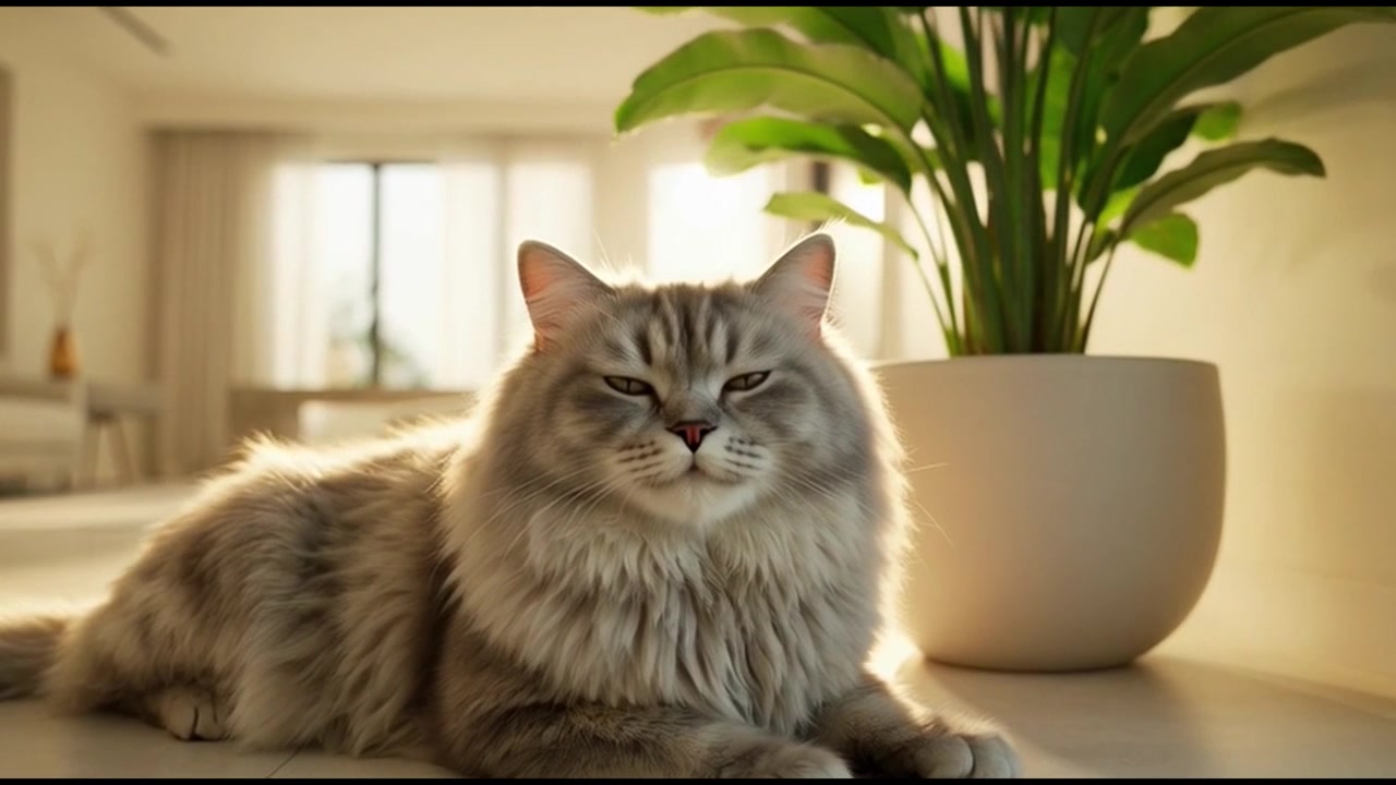 Gatto soffice che riposa sul pavimento accanto a una pianta in vaso in un soggiorno soleggiato
