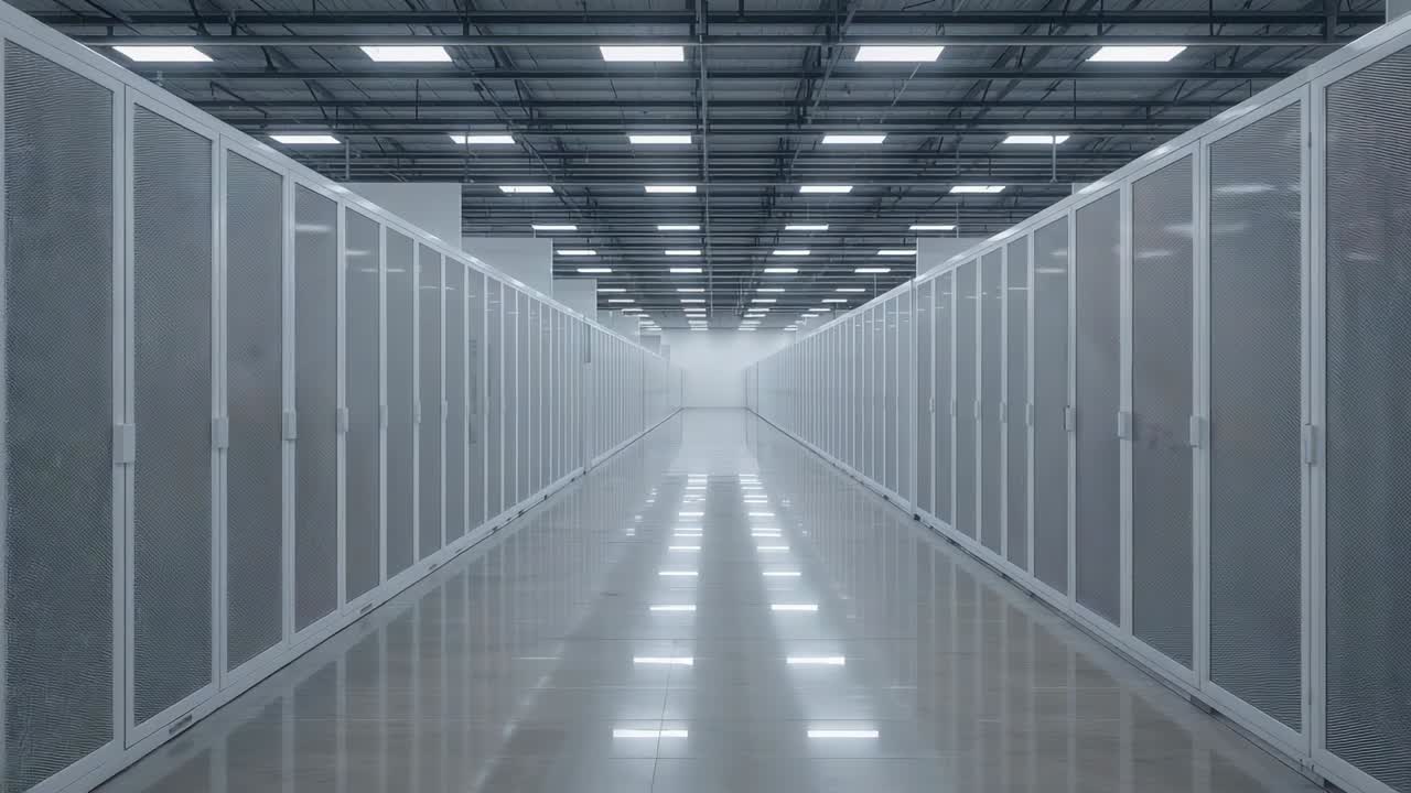 Holding camera capturing central aisle at data center, showing polished floor reflecting cabinets