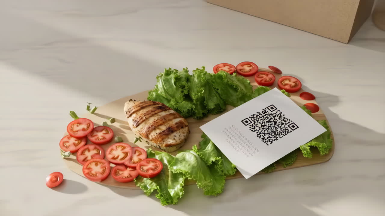 Healthy Grilled Chicken Meal with Fresh Vegetables and QR Code