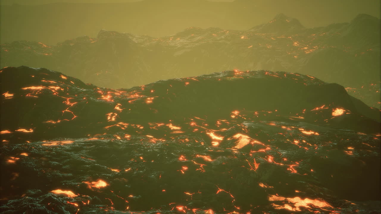 Eruptive lava flows create a dramatic landscape in vibrant hues during twilight