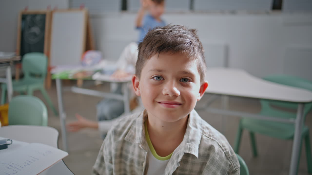 Cheerful schoolboy posing camera sitting lesson classroom portrait. Smiling boy