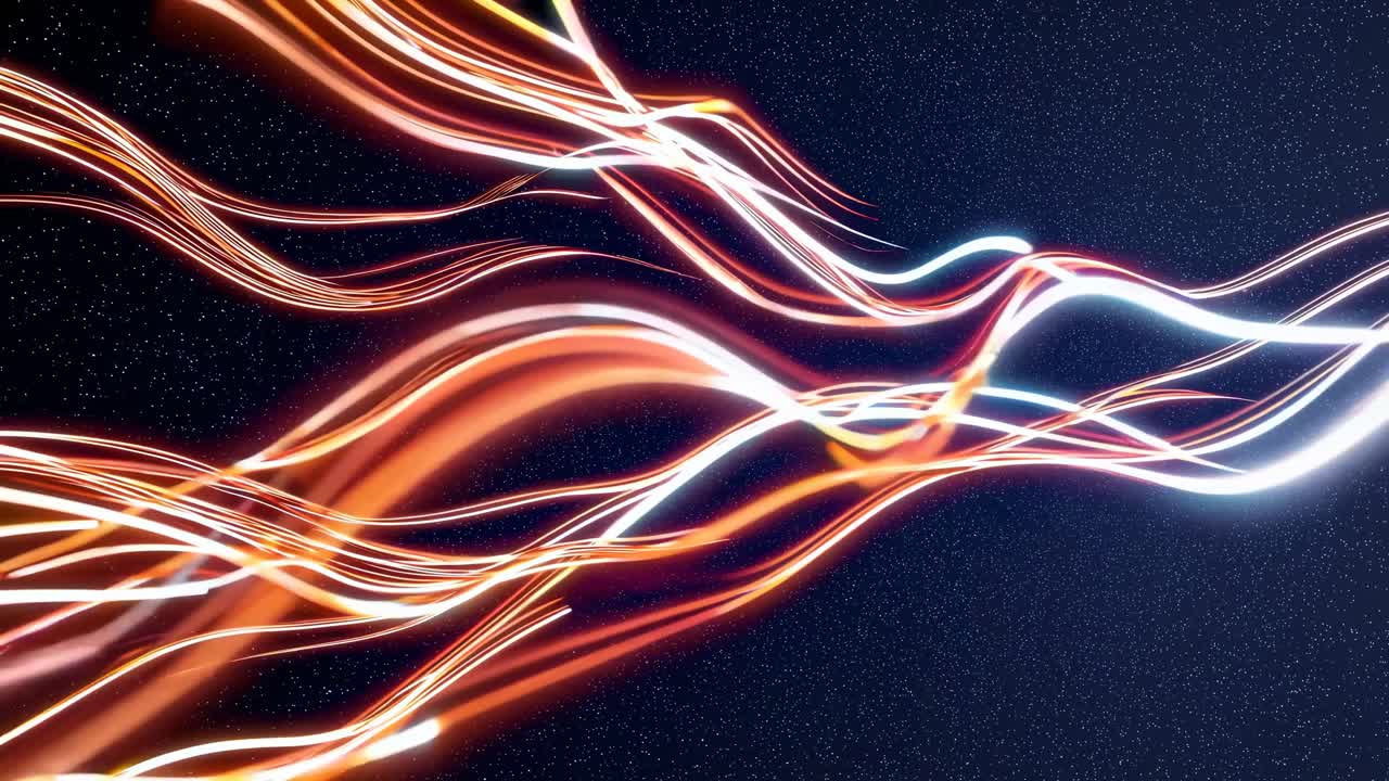 Dynamic video concept with swirling light trails against a starry background